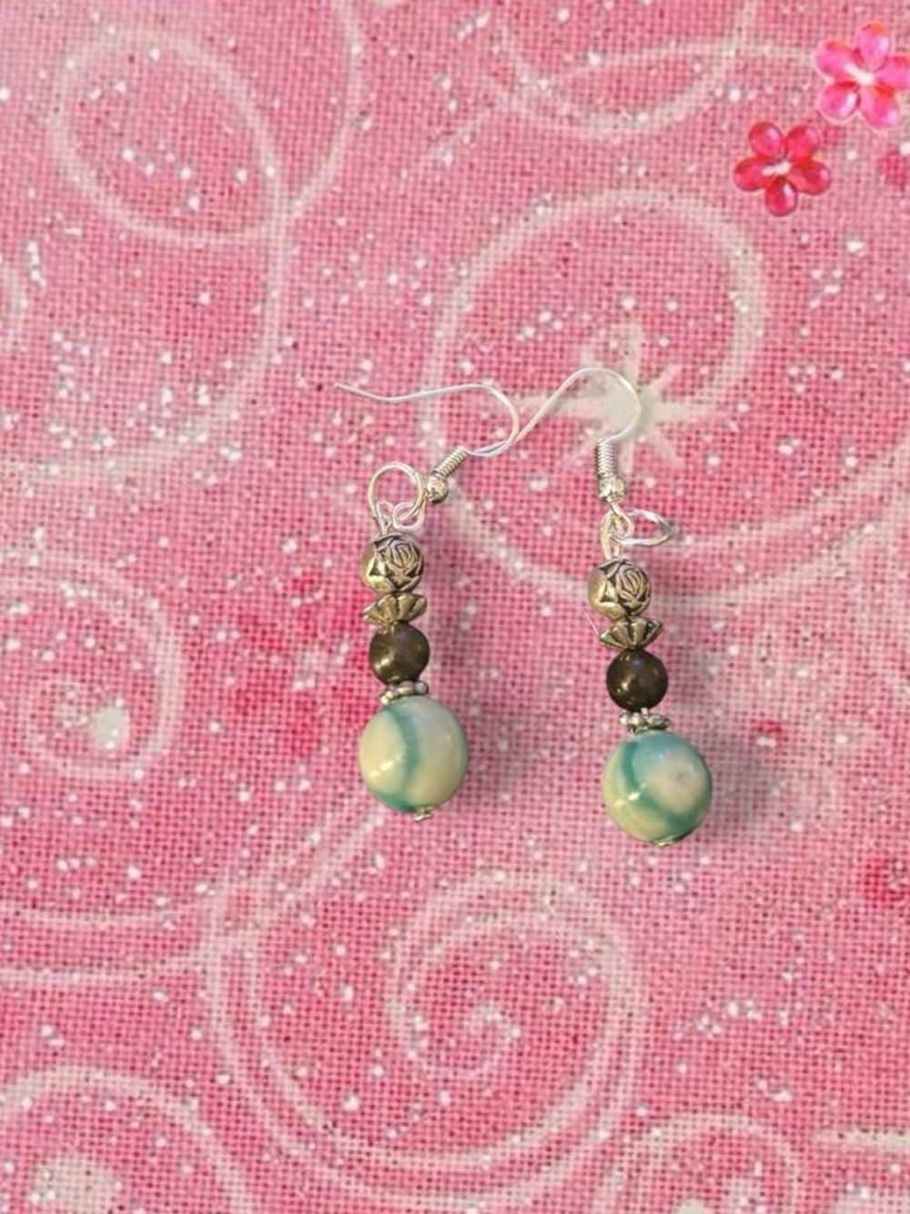 Handcrafted Blue-Green Bead Dangle Earrings